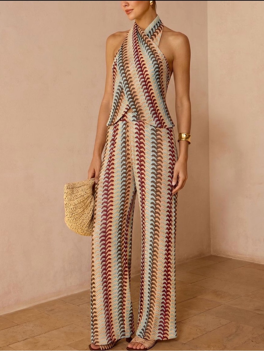 Commense Multicolor Chevron Halter Top & Pants Set